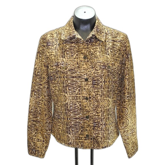 Transitions Gold Brown Print Silk Button-Front Lined Shirt Jacket - Women's M - Picture 1 of 7